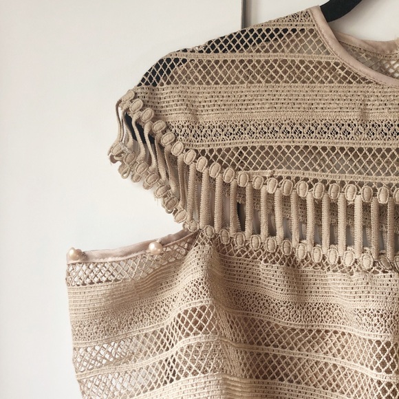 Lace Nude Midi Tier Short Sleeve Ruffle Cape Dress - Picture 3 of 7